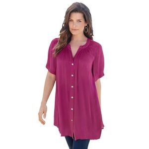 Roaman's Short Sleeve Angelina Tunic Womens 28W Raspberry Crinkle Top NEW w/ Tag